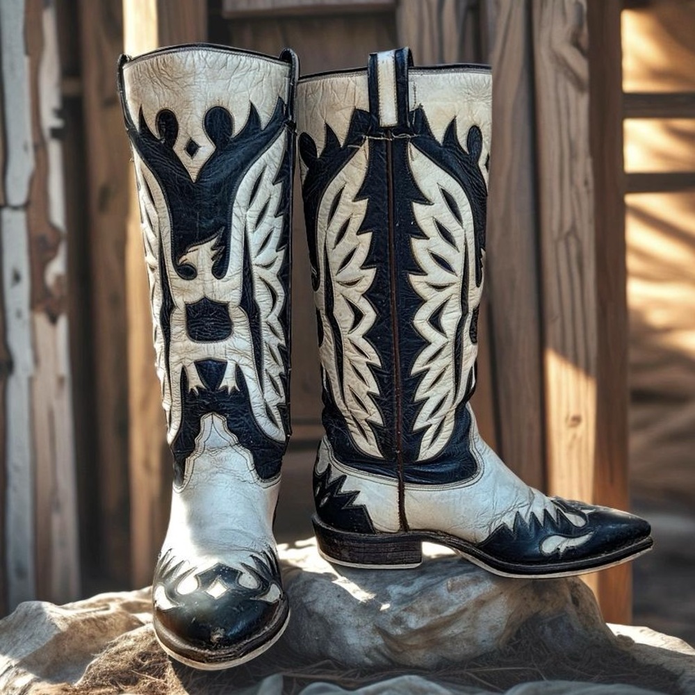Men’s Size 10 D - 1960’s San Luis Tall Cowboy Western Boots Thunderbird Inlays